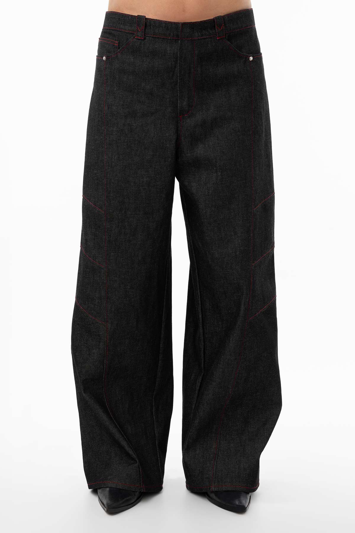 Men's black wide leg denim trousers with red stitching
