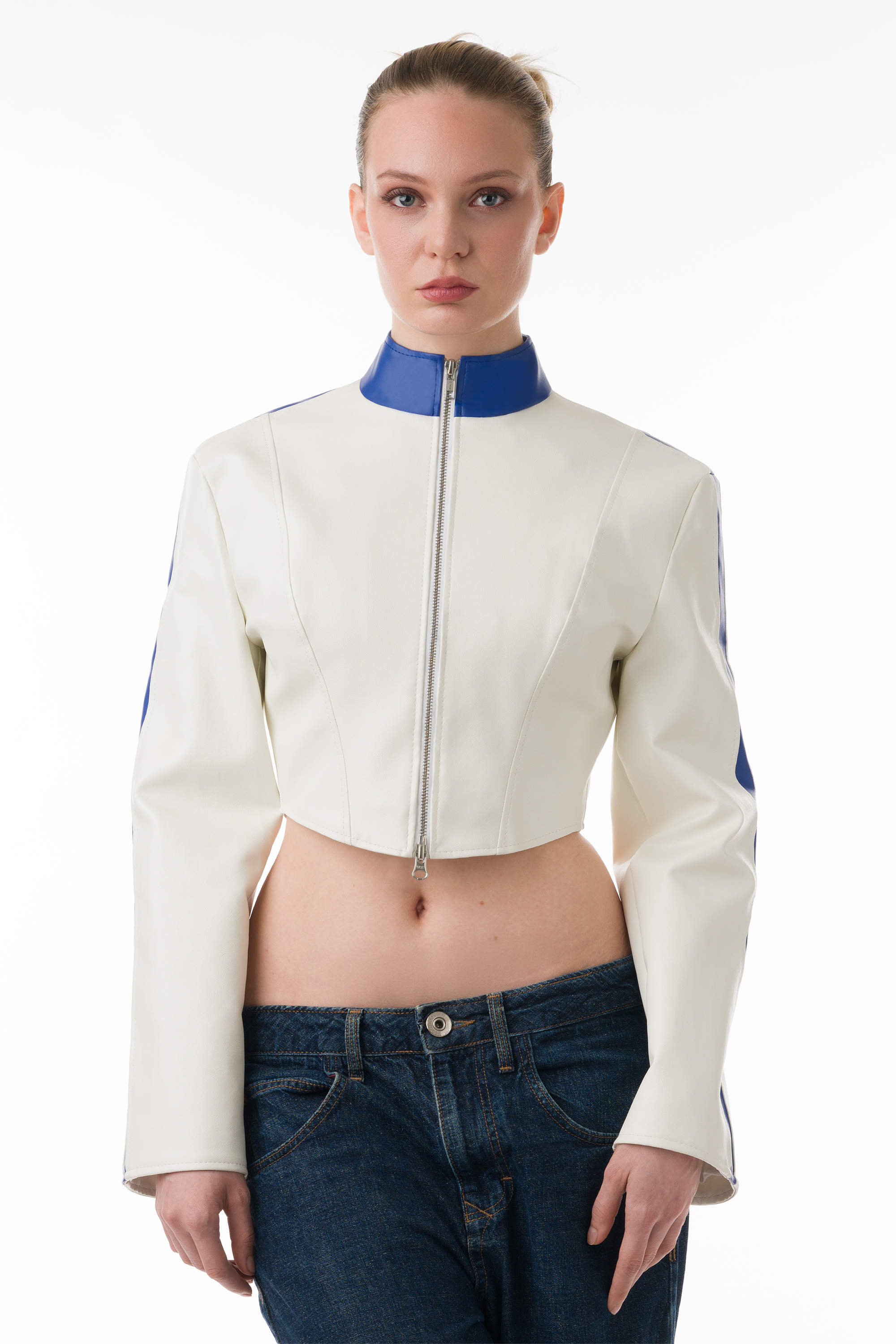 Service MC12 – Cropped Faux Leather Jacket with Stripe Detail