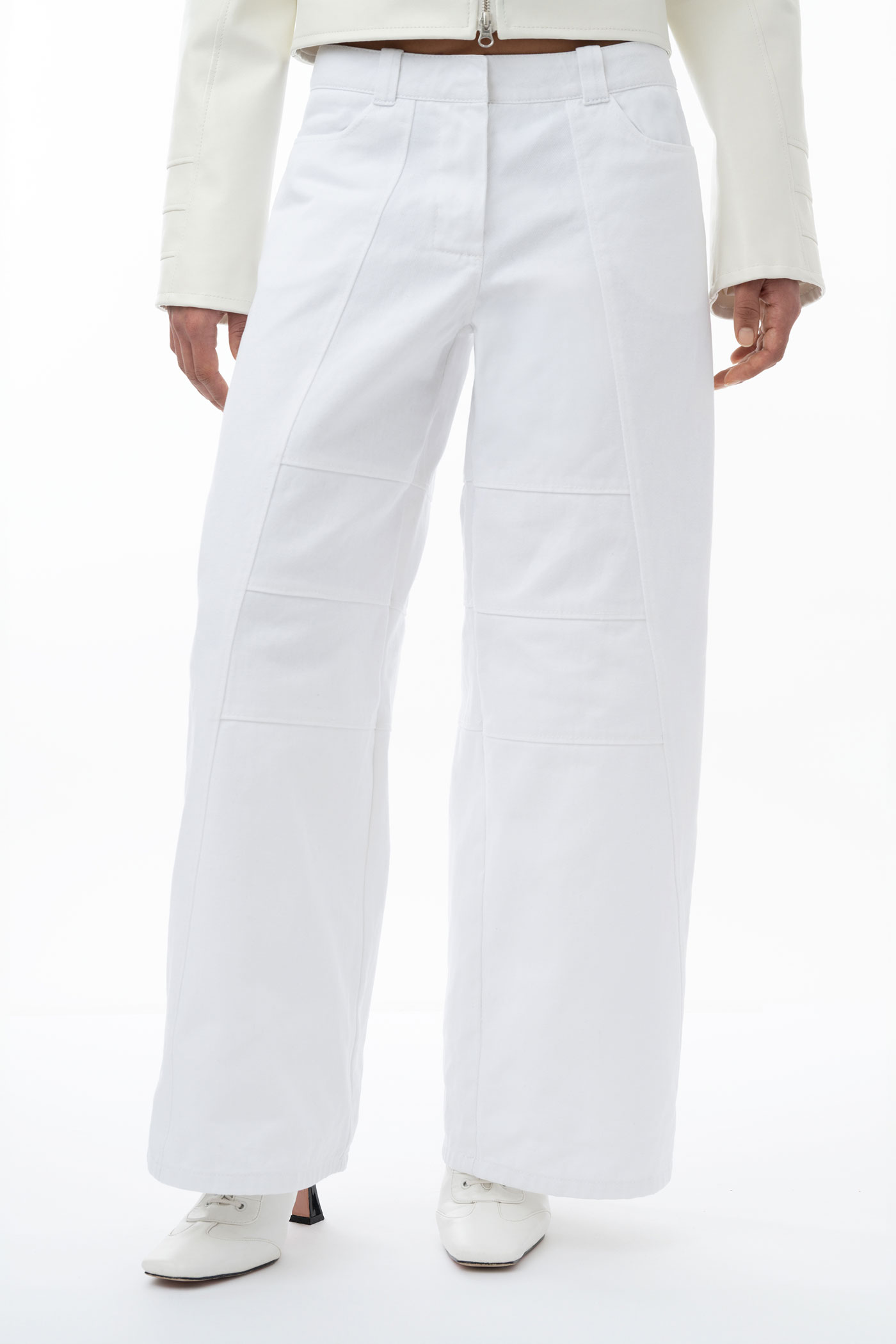 White wide leg trousers with panel seams