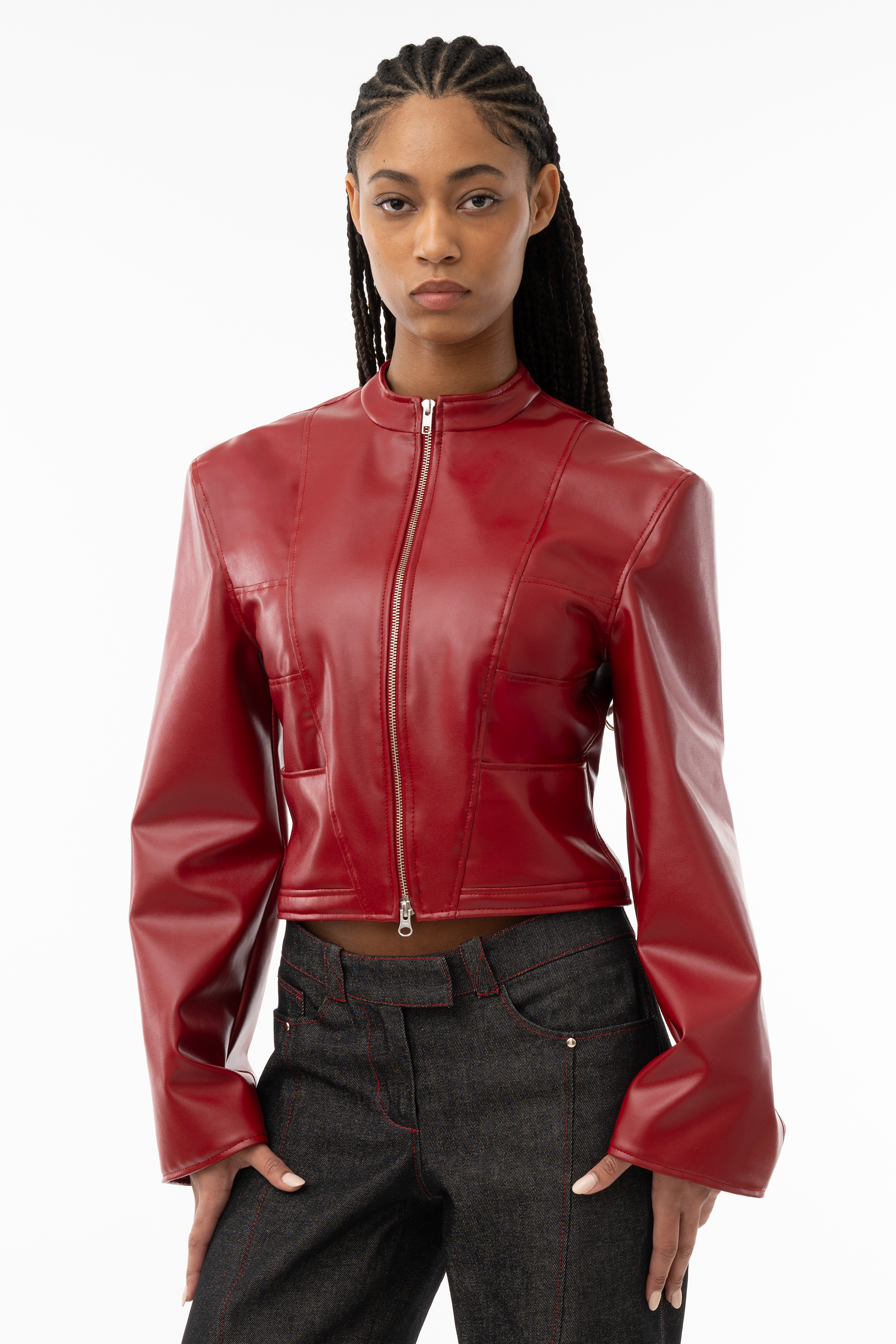 Chorus Dodge – Cropped Faux Leather Jacket with Pockets