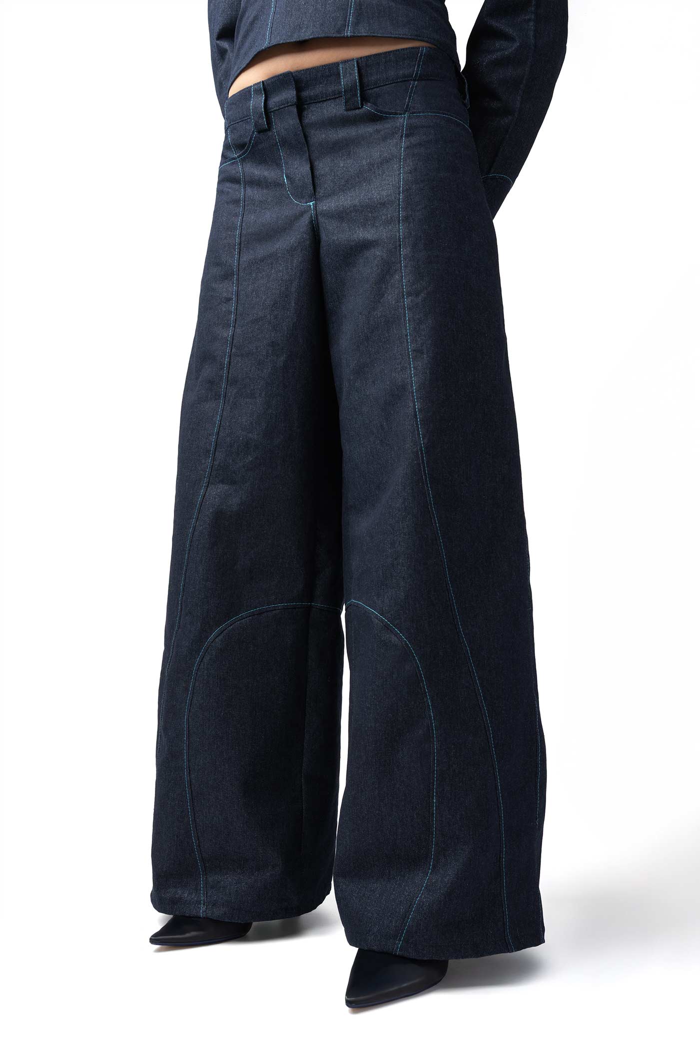 Wide leg denim trousers with glitter thread