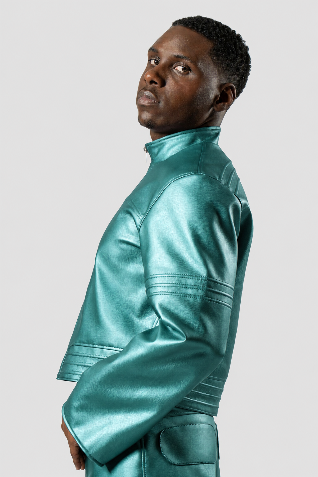 Pace EB110 HIM – Boxy Metallic Faux Leather Jacket with Line Structures