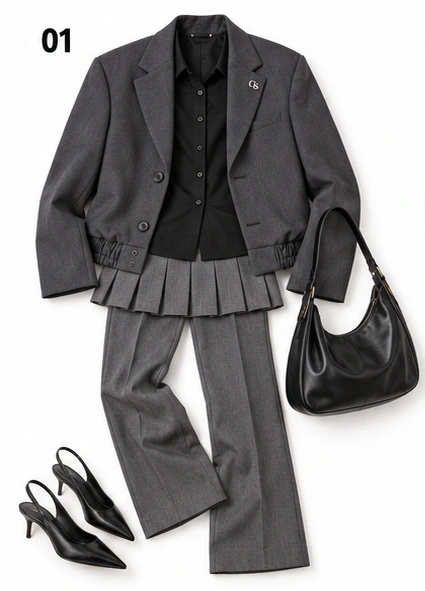 KI-generiertes Inspirationsbild: Look 01: grauer Bomber-Blazer mit schwarzer Bluse, kurzem Faltenrock über grauer Anzughose und schwarzen Slingbacks