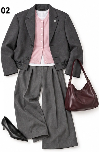 KI-generiertes Inspirationsbild: Look 02: grauer Bomber-Blazer mit rosa Cardigan, grauer Bundfaltenhose und bordeauxroter Tasche