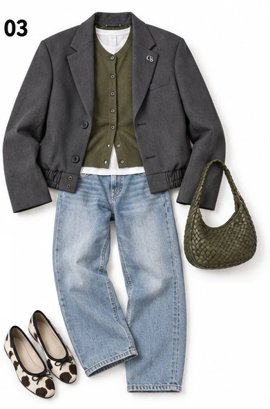 KI-generiertes Inspirationsbild: Look 03: grauer Bomber-Blazer mit olivgrünem Cardigan, hellblauer Jeans und Ballerinas im Kuhfleckenmuster