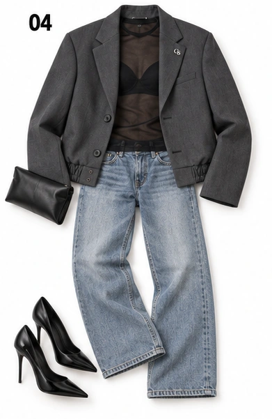 KI-generiertes Inspirationsbild: Look 04: grauer Bomber-Blazer mit transparentem schwarzem Top, Jeans und schwarzen Stilettos