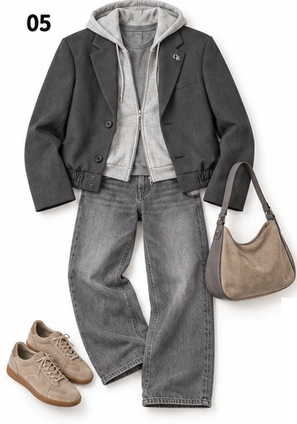 KI-generiertes Inspirationsbild: Look 05: grauer Bomber-Blazer mit grauem Hoodie und grauer Jeans, sandfarbenen Sneakern und sand-grauer Tasche