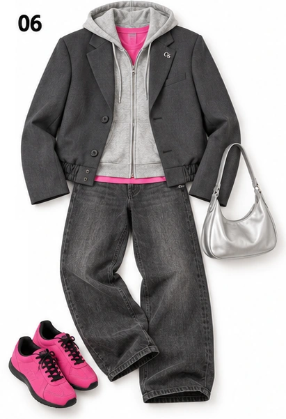 KI-generiertes Inspirationsbild: Look 06: grauer Bomber-Blazer mit grauem Hoodie, pinkem T-Shirt-Saum, dunkler Jeans, pink-schwarzen Sneakern und silberner Tasche