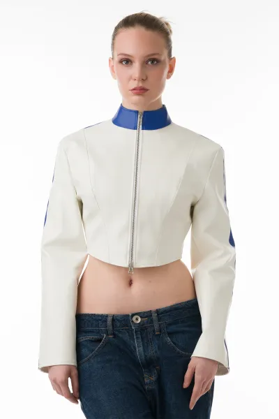 Service MC12 – Cropped Kunstlederjacke mit Streifen
