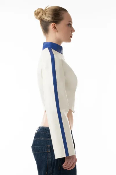 Service MC12 – Cropped Kunstlederjacke mit Streifen