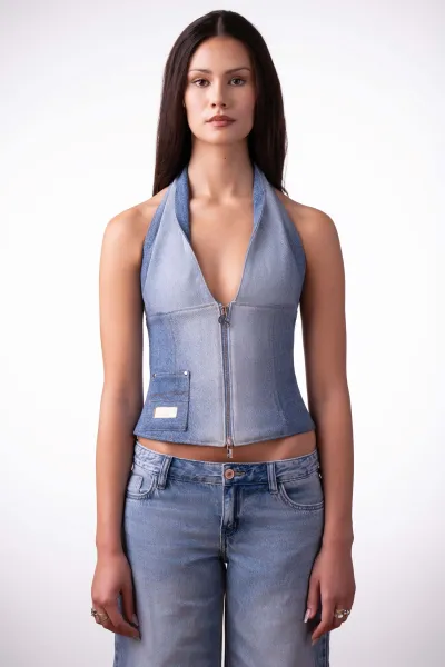 Waisted Talent – Upcycled Denim Corset-Top, Vorderansicht