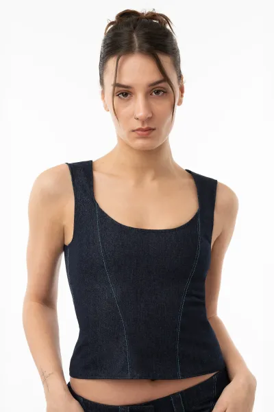 Unbound Angel – Corset-Top aus Glitzer-Denim mit Kontrastnähten