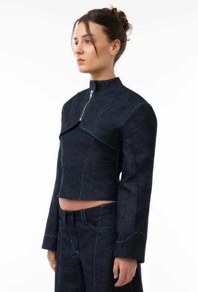 Wide Shoulder Glitzer Denim Bolero mit Biesen