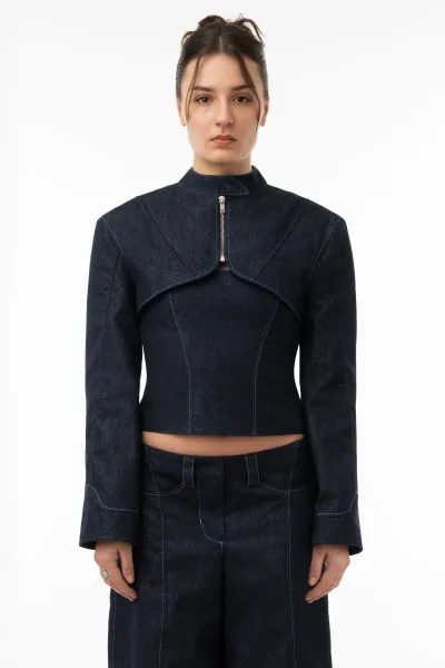 Wide Shoulder Glitzer Denim Bolero mit Biesen